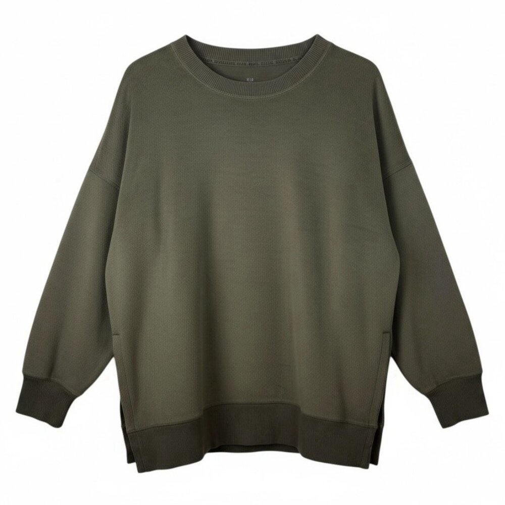 Aerie Plush Pullover Tunic Sweatshirt Sz Large Olive Green Ribbed Hem Slit Crew